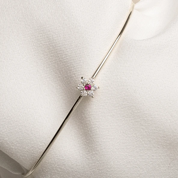 Altın Bilezik - Yakut Taşlı Çiçek Tasarım Zarif 14 Ayar Altın Bilezik - 7