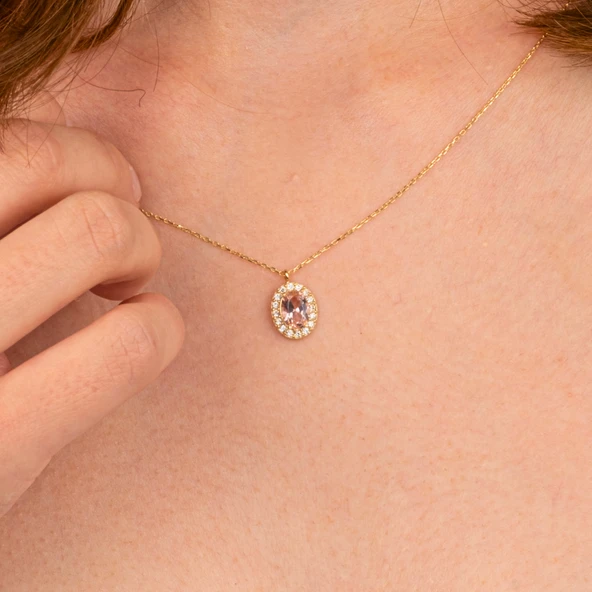 Altın Kolye - Morganite Oval Taşlı 14 Ayar Altın Kolye