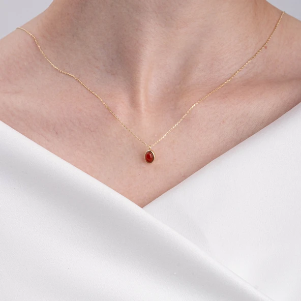 Altın Kolye - Bombeli Akik Taşlı Sade Minimal Tasarım 14 Ayar Altın Kolye - 3