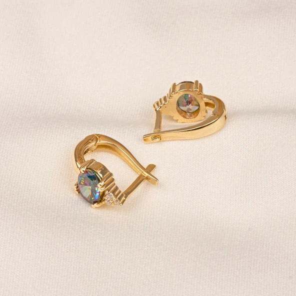 Altın Küpe - 14 Ayar Altın Oval Mistik Topaz Taşlı Tektaş Küpe - 6