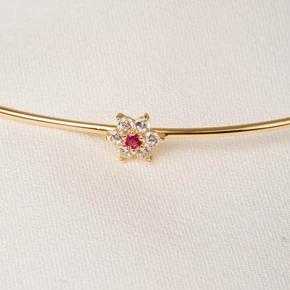 Altın Bilezik - Yakut Taşlı Çiçek Tasarım Zarif 14 Ayar Altın Bilezik - 5