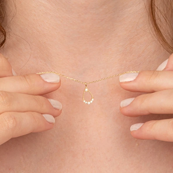 Altın Kolye - İçi Boş 0.30 CT Pırlanta(Signty)Taşlı Damla Figürlü Tasarım Modern 14 Ayar Altın Kolye - 4