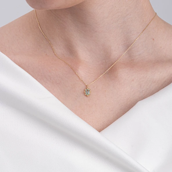 Altın Kolye - Vintage Tasarım Green Topaz (Su Yeşili) Taşlı 14 Ayar Altın Kolye - Resim 5