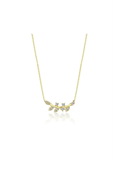 Altın Kolye - Pırlanta (Swarovski) Taşlı Yapraklı Dal 14 Ayar Altın Kolye - Resim 3