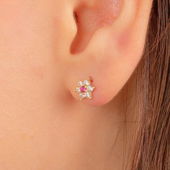 Altın Küpe - 14 Ayar Altın Ruby Taşlı Çiçek Desenli Küpe - 2