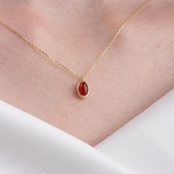 Altın Kolye - Bombeli Akik Taşlı Sade Minimal Tasarım 14 Ayar Altın Kolye