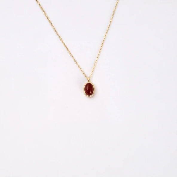 Altın Kolye - Bombeli Akik Taşlı Sade Minimal Tasarım 14 Ayar Altın Kolye - 5