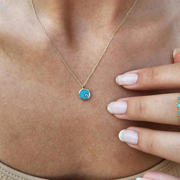 Altın Kolye - Ala Turkuaz (Firuze)Mineli Nazar Boncuğu Göz Tasarım Taşsız Modern 14 Ayar Altın Kolye - 4