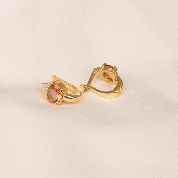 Altın Küpe - 14 Ayar Altın Oval Zultanit Taşlı Tektaş Küpe - 8