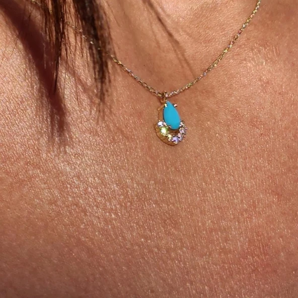 Altın Kolye - 0.50 CT Turkuaz (Firuze) 0.25 Pırlanta Damla Ay 14 Ayar Kolye- Doğal Taşlı Altın Kolye - Resim 5