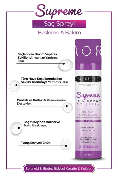 Morfose Supreme Saç Spreyi 250 ml - Kolajen, Bitkisel Keratin, Seramid - Resim 3