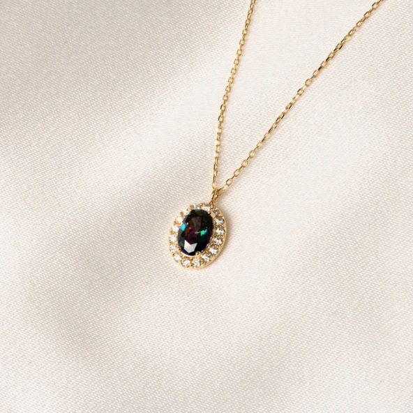 Altın Kolye - Oval Mistik Topaz Taşlı Vintage Tasarım 14 Ayar Altın Kolye - Resim 7