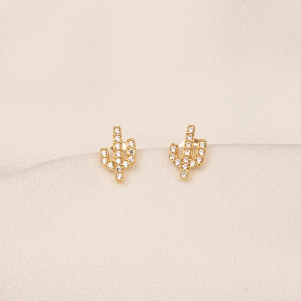 Altın Küpe - 14 Ayar Altın Minimal Taşlı Kaktüs Figürlü Küpe - 5