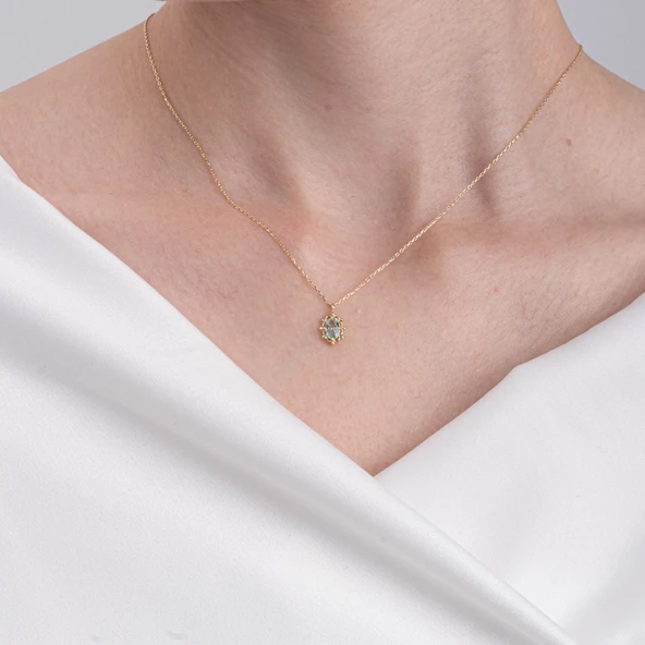 Altın Kolye - Vintage Tasarım Green Topaz (Su Yeşili) Taşlı 14 Ayar Altın Kolye - Resim 4