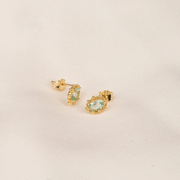 Altın Küpe - 14 Ayar Altın Vintage Tasarım Green Topaz (Su Yeşili) Taşlı Küpe - 5