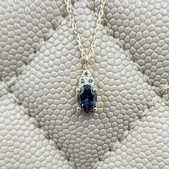 Altın Kolye - 1.30 Ct Mistik Topaz Oval Taşlı Has Taşlı Altın Kolye - Hediyelik 14 Ayar Altın Kolye ürün görseli 1