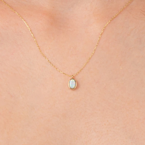 Altın Kolye - Opal Oval Taşlı 14 Ayar Altın Kolye - Resim 2