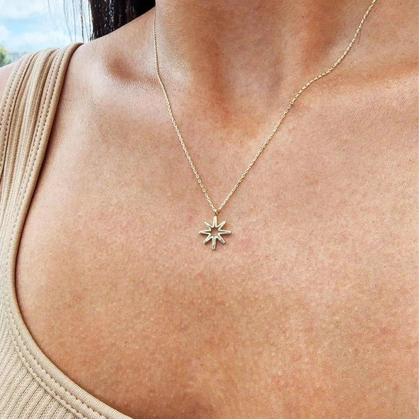 Altın Kolye - Güneş Tasarım Sade Taşsız Tasarım Modern Gündelik Hediyelik Taşsız 14 Ayar Altın Kolye - 3