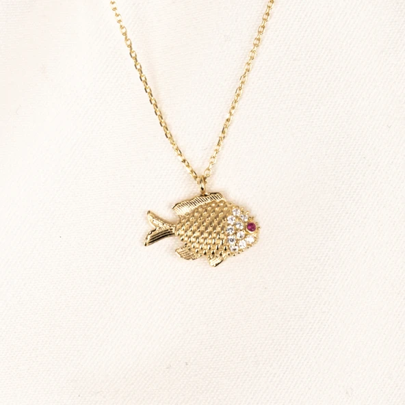 Altın Kolye - Taşlı Balık 14 Ayar Altın Kolye - 8
