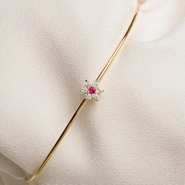 Altın Bilezik - Yakut Taşlı Çiçek Tasarım Zarif 14 Ayar Altın Bilezik - 4