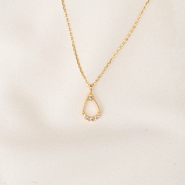 Altın Kolye - İçi Boş 0.30 CT Pırlanta(Signty)Taşlı Damla Figürlü Tasarım Modern 14 Ayar Altın Kolye - 7