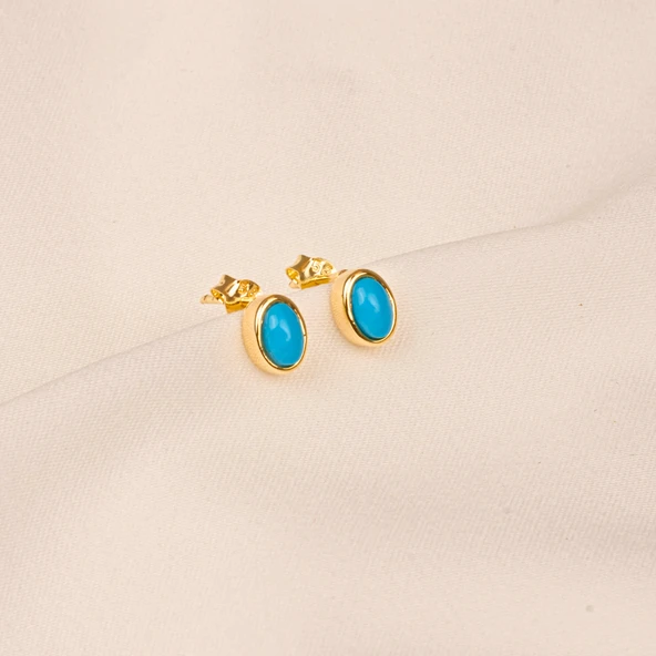 Altın Küpe - 14 Ayar Altın Firuze (Turkuaz) Taşlı Oval Küpe - 6