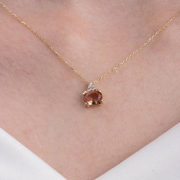 Altın Kolye - 1.15 CT Zultanit 0.20CT Swarovski Modern Tasarım Minimal Doğal Taş 14 Ayar Altın Kolye - Resim 2