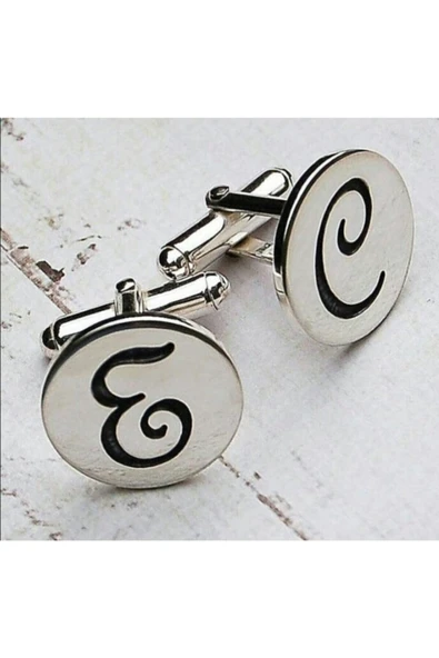Yuvarlak Plaka El Yazısı Harf Kol Düğmesi 925 Ayar Hediye Gümüş