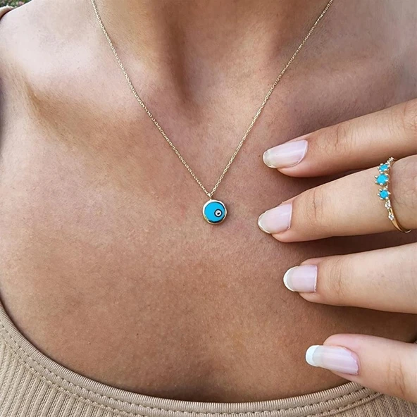 Altın Kolye - Ala Turkuaz (Firuze)Mineli Nazar Boncuğu Göz Tasarım Taşsız Modern 14 Ayar Altın Kolye - 2