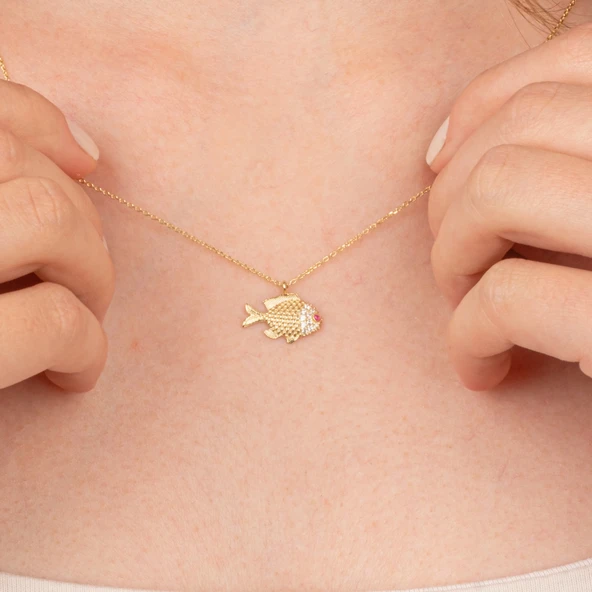 Altın Kolye - Taşlı Balık 14 Ayar Altın Kolye