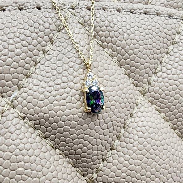 Altın Kolye - 1.30 Ct Mistik Topaz Oval Taşlı Has Taşlı Altın Kolye - Hediyelik 14 Ayar Altın Kolye - Resim 2