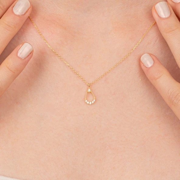 Altın Kolye - İçi Boş 0.30 CT Pırlanta(Signty)Taşlı Damla Figürlü Tasarım Modern 14 Ayar Altın Kolye - 5