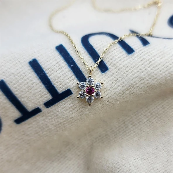 Altın Kolye - Ortası Yakut Taşlı Çiçek 14 Ayar Altın Kolye - 7