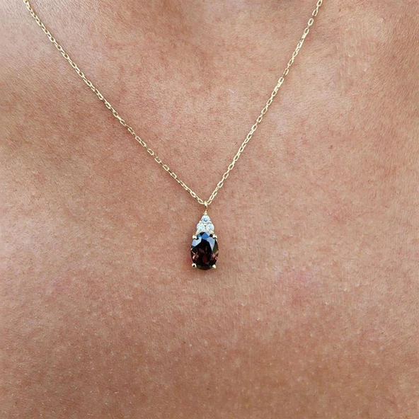 Altın Kolye - 1.10 CT Brown (Smoky)0,15CT Swarovski Taşlı Minimal Tasarım Hediye 14 Ayar Altın Kolye - 5