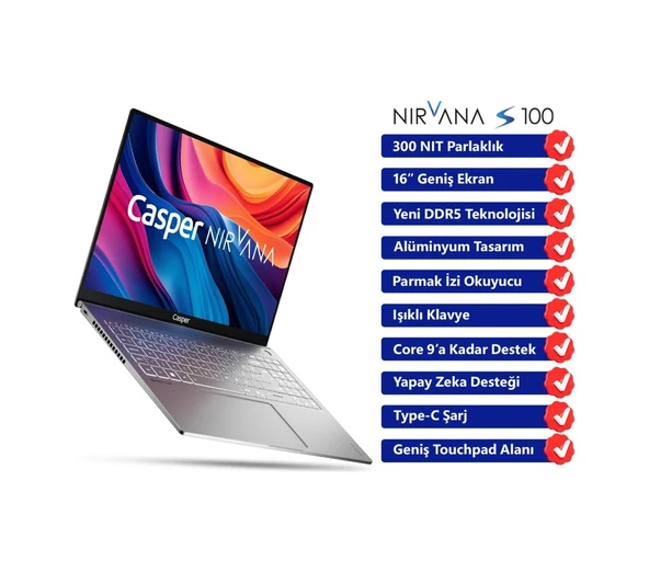 Casper Nirvana S100.1362-BF00X-G-F i7-13620H 16 GB 1 TB NVMe SSD 16" Dos Dizüstü Bilgisayar - Resim 2
