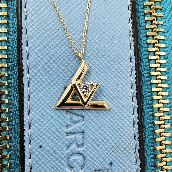 Altın Kolye - 0.20 Karat Pırlanta Möntürü (Signity Swarovski) Taşlı V Tasarım 14 Ayar Altın Kolye - Resim 6