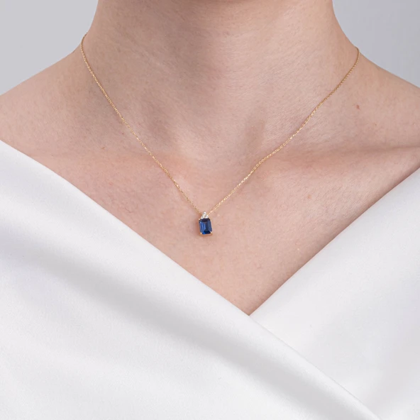 Altın Kolye - Baget Safir Taşlı Zarif Tasarım 14 Ayar Altın Kolye - Resim 3