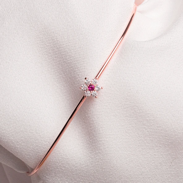 Altın Bilezik - Yakut Taşlı Çiçek Tasarım Zarif 14 Ayar Altın Bilezik - 8