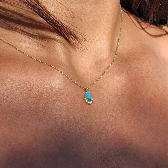 Altın Kolye - 0.50 CT Turkuaz (Firuze) 0.25 Pırlanta Damla Ay 14 Ayar Kolye- Doğal Taşlı Altın Kolye - Resim 3