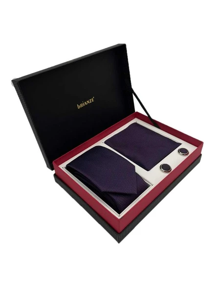 Brianze Mürdüm Kravat Mendil Ve Kol Düğmesi Kutulu Set - Resim 2