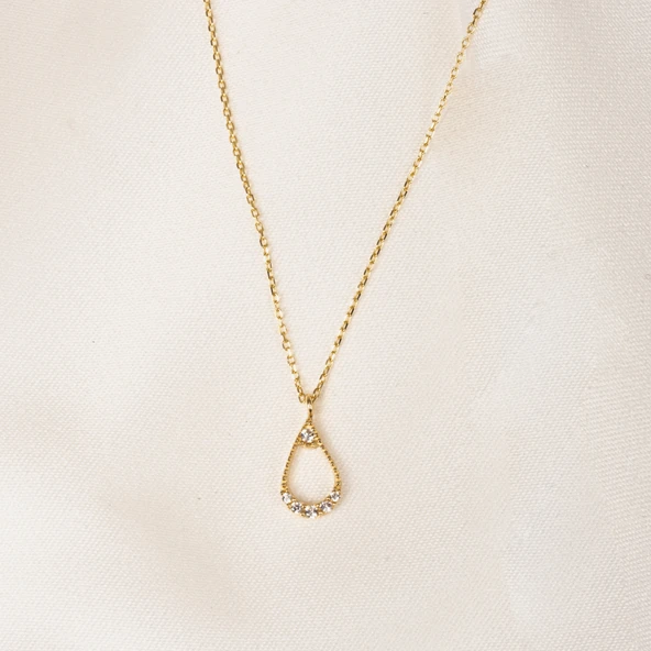 Altın Kolye - İçi Boş 0.30 CT Pırlanta(Signty)Taşlı Damla Figürlü Tasarım Modern 14 Ayar Altın Kolye - 6