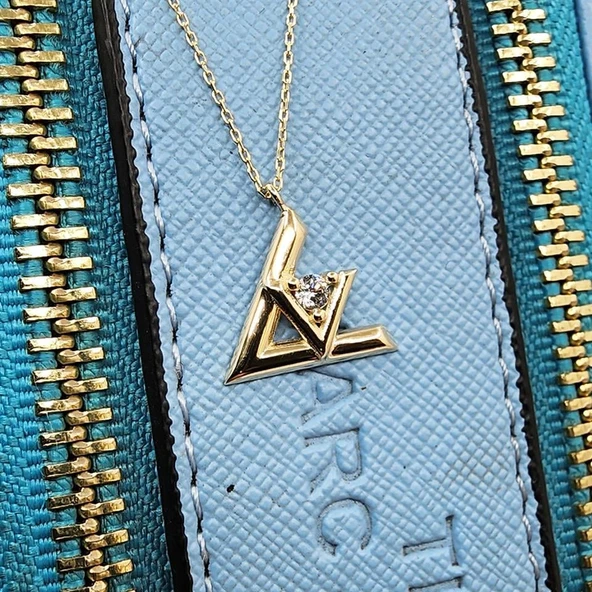 Altın Kolye - 0.20 Karat Pırlanta Möntürü (Signity Swarovski) Taşlı V Tasarım 14 Ayar Altın Kolye - Resim 7