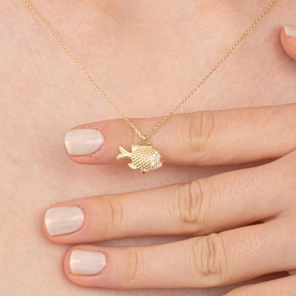 Altın Kolye - Taşlı Balık 14 Ayar Altın Kolye - 6