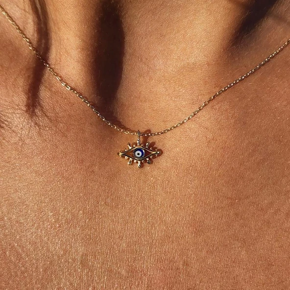 Altın Kolye - Kirpik Nazar Boncuğu Lacivert Mineli Tasarım Modern 14 Ayar Altın Koly e- Altın Kolye - 4