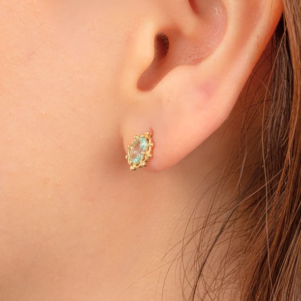 Altın Küpe - 14 Ayar Altın Vintage Tasarım Green Topaz (Su Yeşili) Taşlı Küpe - 3