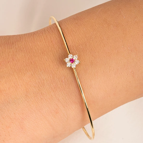 Altın Bilezik - Yakut Taşlı Çiçek Tasarım Zarif 14 Ayar Altın Bilezik - 3