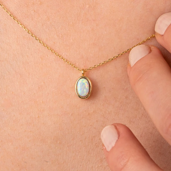 Altın Kolye - Opal Oval Taşlı 14 Ayar Altın Kolye - Resim 4