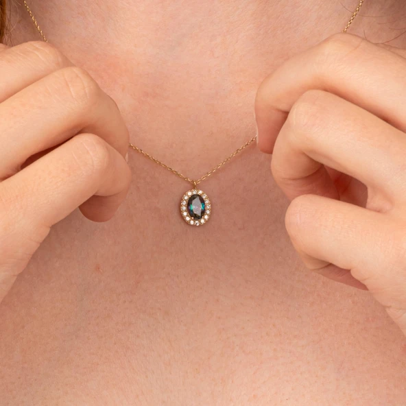 Altın Kolye - Oval Mistik Topaz Taşlı Vintage Tasarım 14 Ayar Altın Kolye - Resim 5