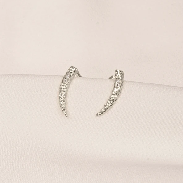 Altın Küpe - 14 Ayar Altın Minimal Taşlı Dövülü Küpe - 7