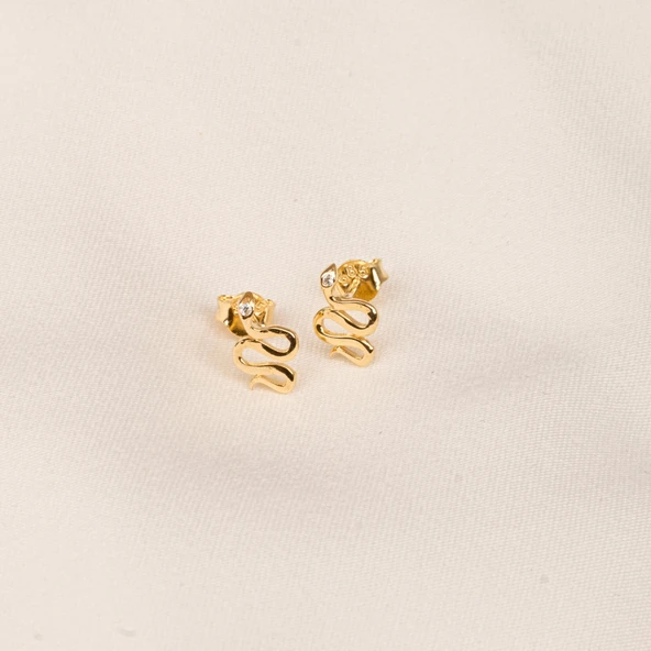 Altın Küpe - 14 Ayar Altın Yılan Desenli Taşlı Minimal Küpe - 5